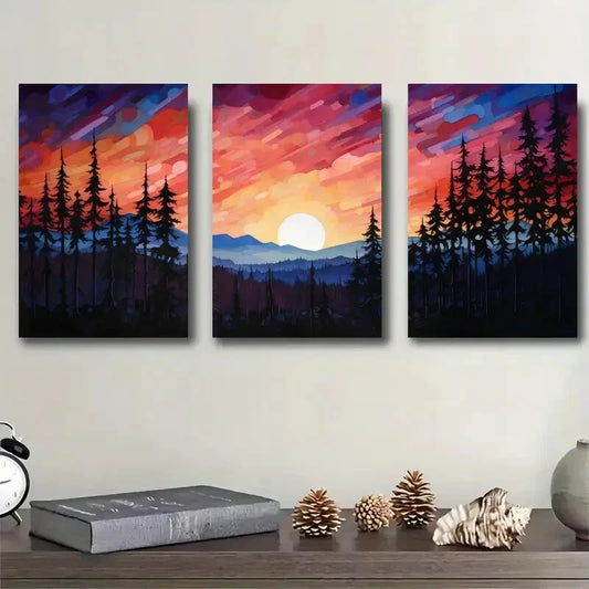 3pcs Vibrant Sunset Forest Canvas Triptych Metal Print Ready to Hang Art
