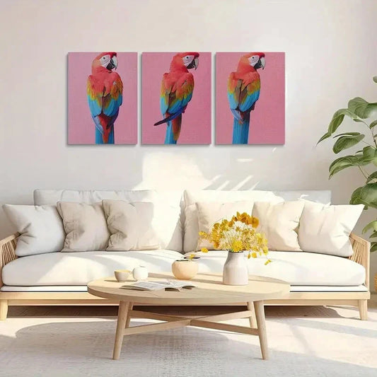 3pcs Vibrant Red Parrots with Blue Tails Metal Print Ready to Hang Art