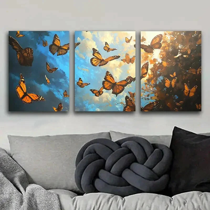 3pcs Butterfly Blue Sky & Orange Trees Design Metal Print Ready to Hang Art