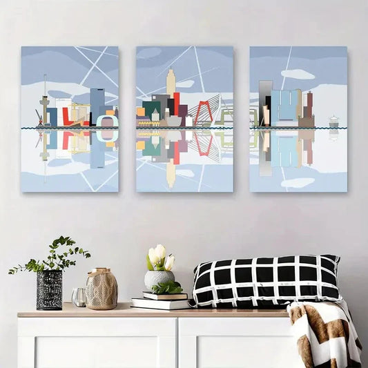 3pcs Abstract City Skyline Geometric Urban Metal Print Ready to Hang Art