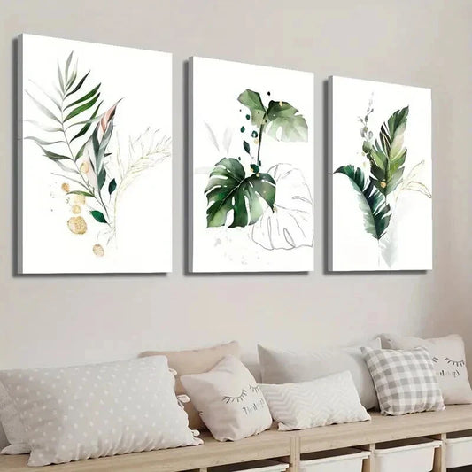 3pcs Green And Golden Fern Palm Tree Wall Art Set Canvas Framed 40x60cm - High Quality Print 100% Australian Made Wall Canvas Ready to Hang