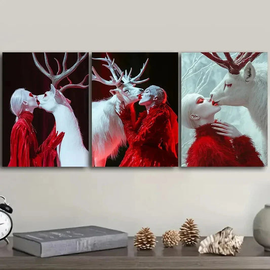 3pcs White Deer, girl Art Painting Metal Print Ready to Hang Art