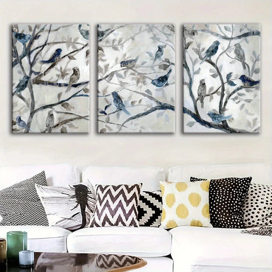 3pcs Serene Branch Bird Illustrations Metal Print Ready to Hang Art