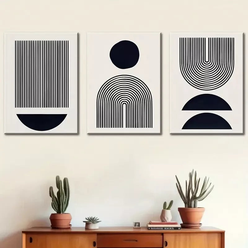 3pcs Black and white graphics and stripes  Wall Art Set Canvas Framed 40x60cm - High Quality Print 100% Australian Made Wall Canvas Ready to Hang