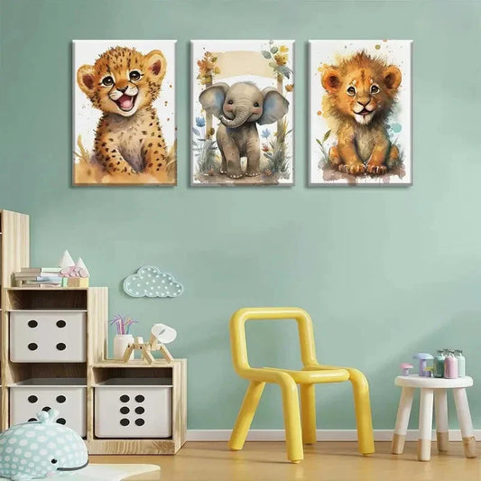 3pcs Baby Safari Animal Lovely Jungle Animal  Metal Print Ready to Hang Art