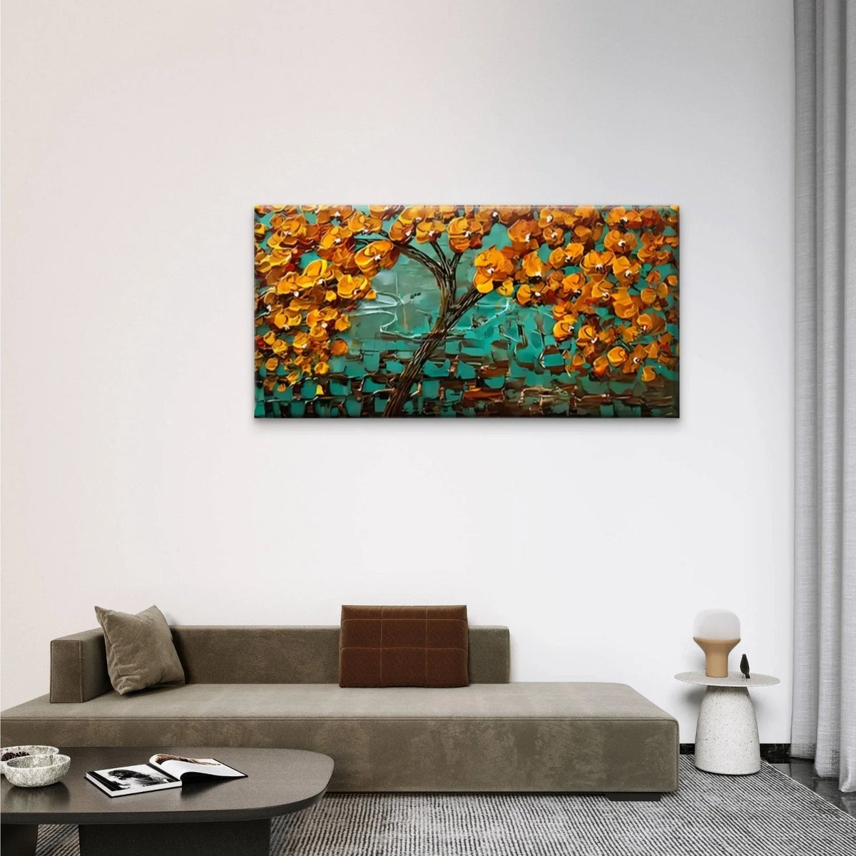 Orange Leaf Tree Abstract Wall Art Canvas Office Home Room Framed 80x45cm