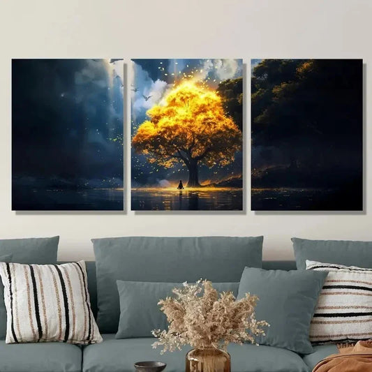3pcs Magnificent Tree with Glowing Leaves Metal Print Ready to Hang Art