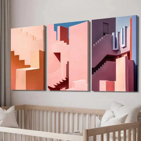 3pcs Pink Stairs Pink Road Art Illustration Wall Art Set Canvas Framed 40x60cm - High Quality Print 100% Australian Made Wall Canvas Ready to Hang