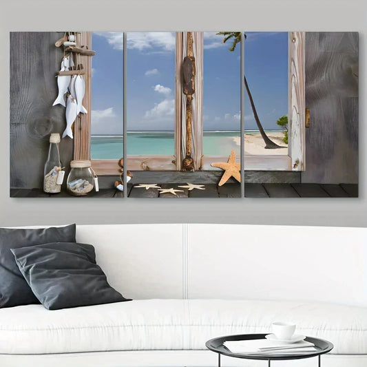 3pcs Beach Starfish Seashells Mid Century Modern Metal Print Ready to Hang Art