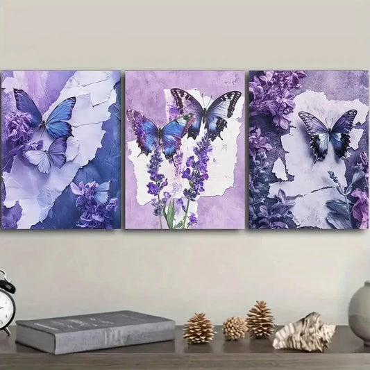 3pcs Set, Butterfly and Floral Metal Print Ready to Hang Art
