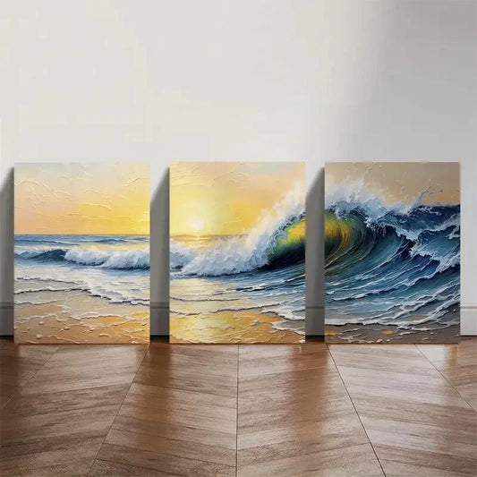 3pcs Vibrant Blue Waves & Yellow Sky Coastal Metal Print Ready to Hang Art