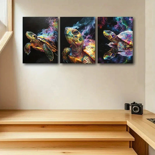 3pcs Colorful Turtle Design with Black Background Metal Print Ready to Hang Art