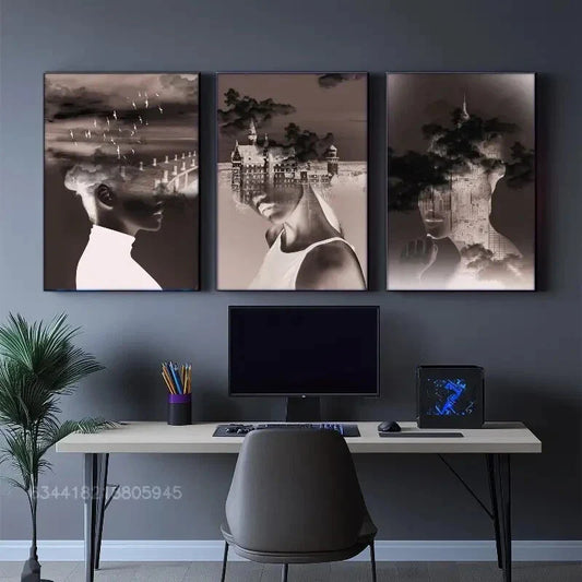 3pcs Sea, bridge, city buildings, clouds, beauties Metal Print Ready to Hang Art