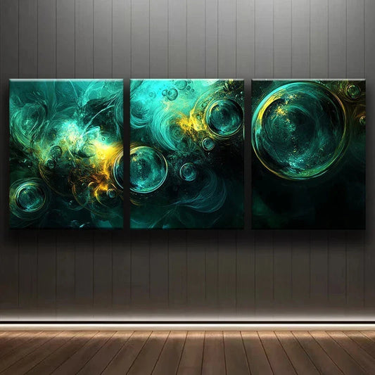 3pcs Green Bubble Abstract Golden Metal Print Ready to Hang Art
