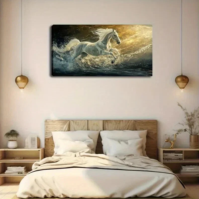 Horse Galloping on Sunlit Sea Wall Art Canvas Office Home Room Framed 120x60cm
