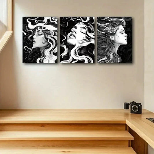 3pcs Modern Black and White Woman Design Metal Print Ready to Hang Art