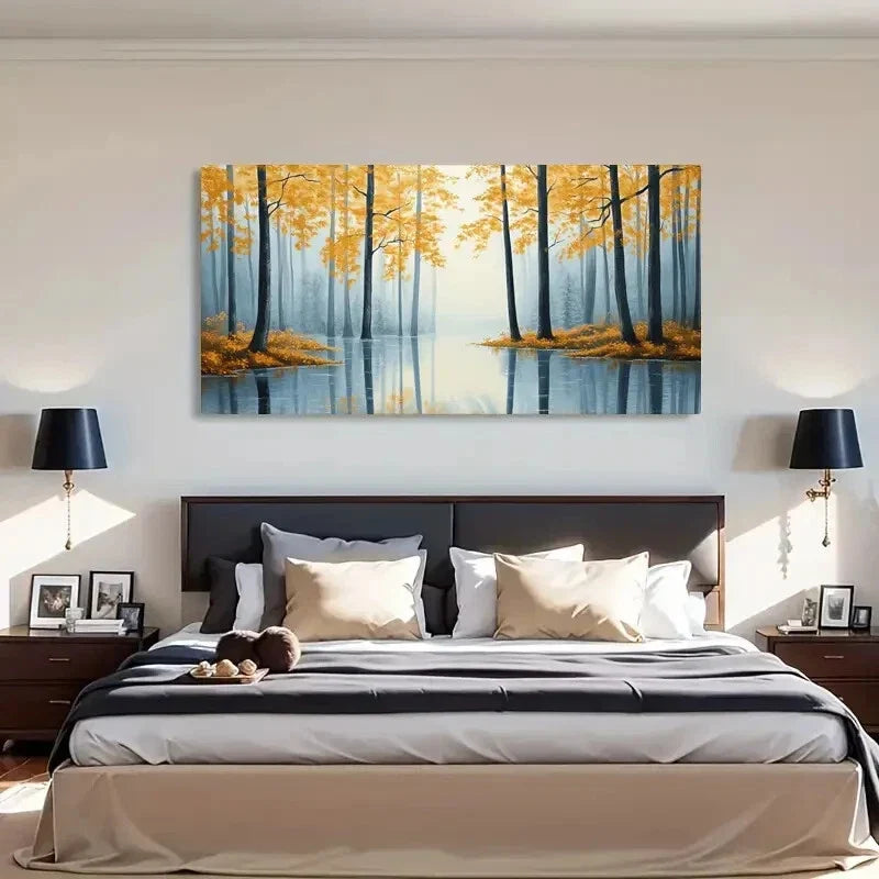 Misty Autumn Golden Leaves Wall Art Canvas Office Home Room Framed 120x60cm