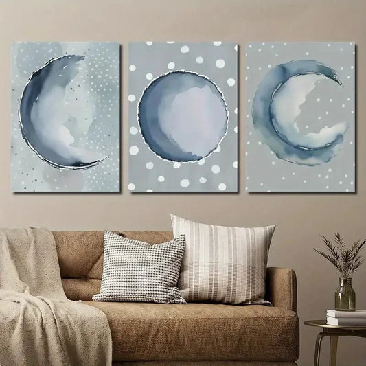 3pcs Abstract Blue Moon Phases Indigo Sphere Metal Print Ready to Hang Art