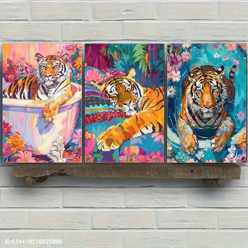 3pcs Tiger in the Bathtub Floral Art Animal Metal Print Ready to Hang Art