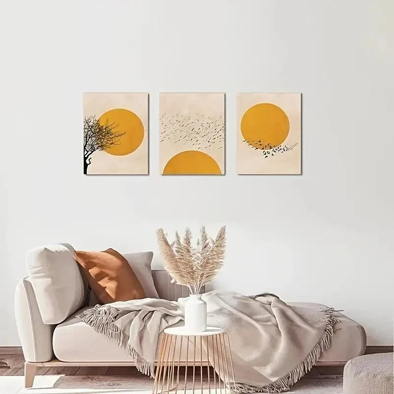 3pcs Sun and Tree Branches with Birds Metal Print Ready to Hang Art