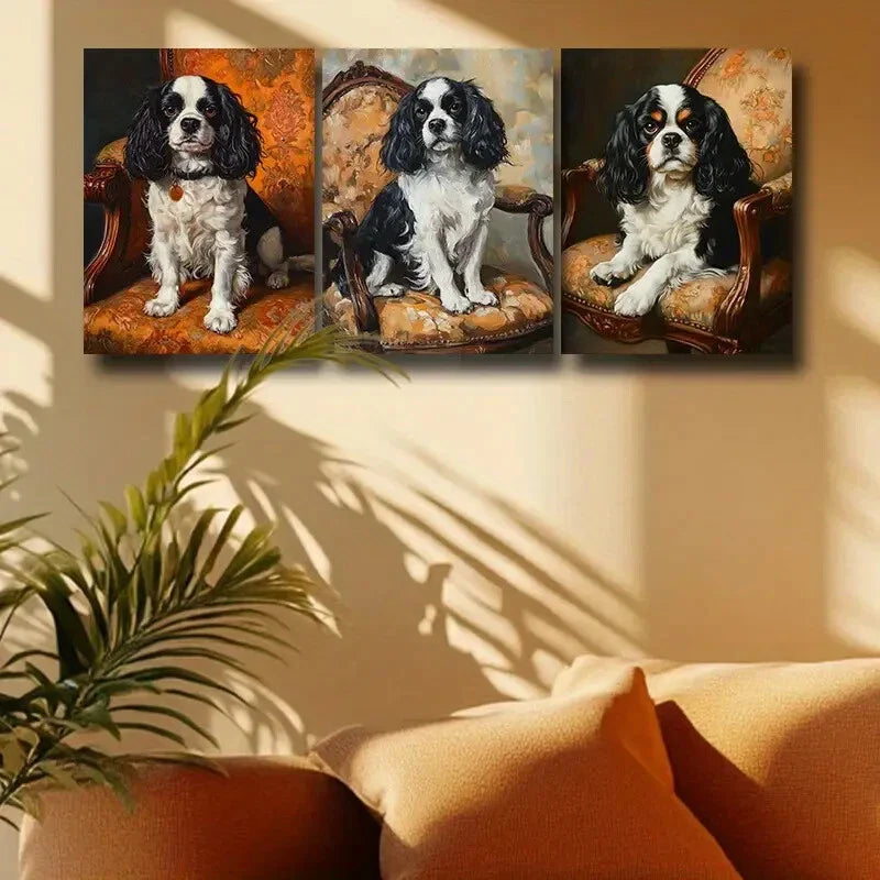 3pcs Puppy sitting on Chair Design Metal Print Ready to Hang Art