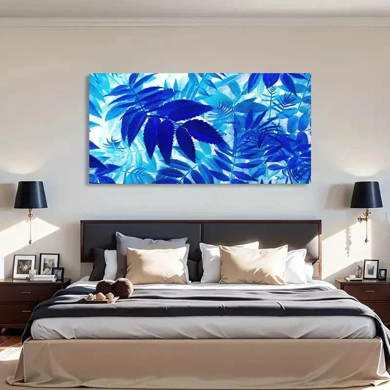Blue Leaves On White Modern Wall Art Canvas Office Home Room Framed 120x60cm