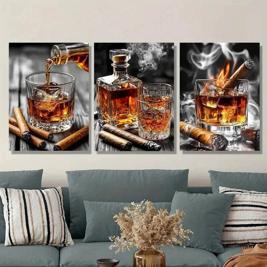 3pcs Whiskey bottle cigar art, cup cigar Metal Print Ready to Hang Art