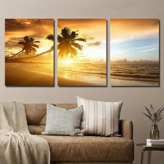 3pcs Vibrant Beach Coast Scenery Coconut Trees Metal Print Ready to Hang Art