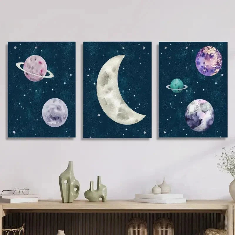 3pcs Featuring Planet, Moon &amp; Stars, Metal Print Ready to Hang Art