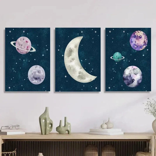 3pcs Featuring Planet, Moon &amp; Stars, Metal Print Ready to Hang Art