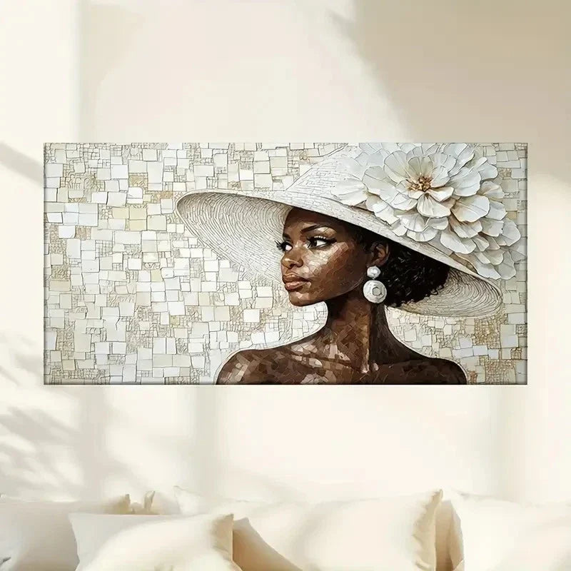 The Woman White Big Hat Wall Art Canvas Office Home Room Framed 80x45cm