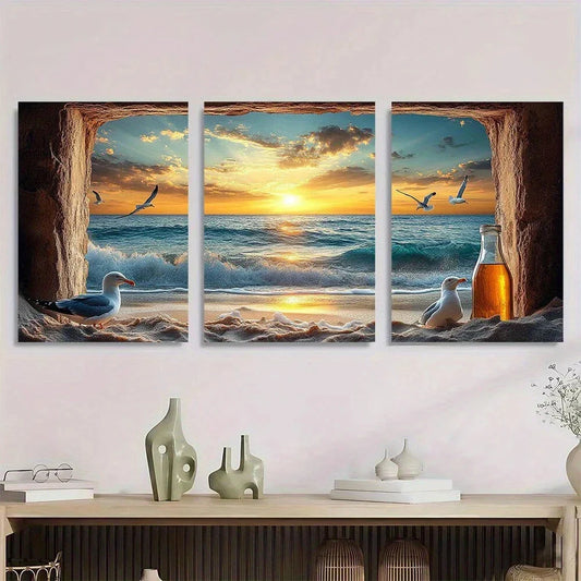 3pcs Fake Window Beach Ocean Seagulls Metal Print Ready to Hang Art