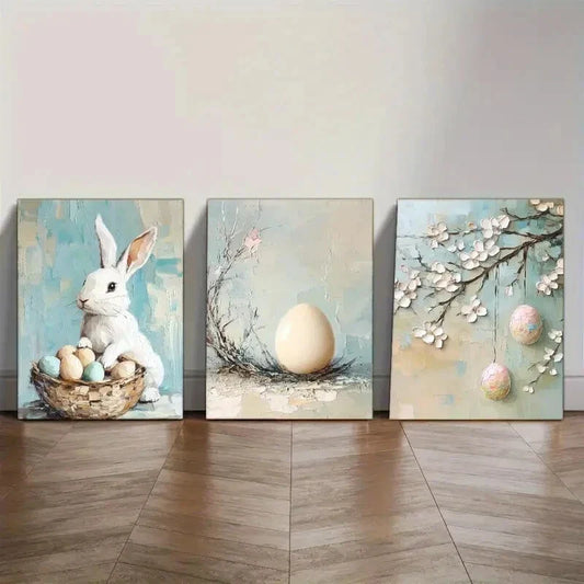 3pcs Bunny & Egg Prints, Oil Painting Metal Print Ready to Hang Art