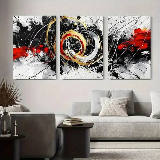 3pcs Modern Abstract Black, Red, and Golden Metal Print Ready to Hang Art