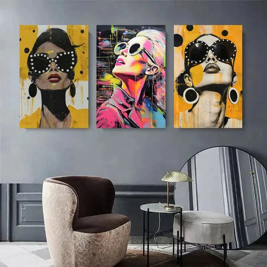 3pcs Stylish Women with Bold Fashion Glasses Metal Print Ready to Hang Art