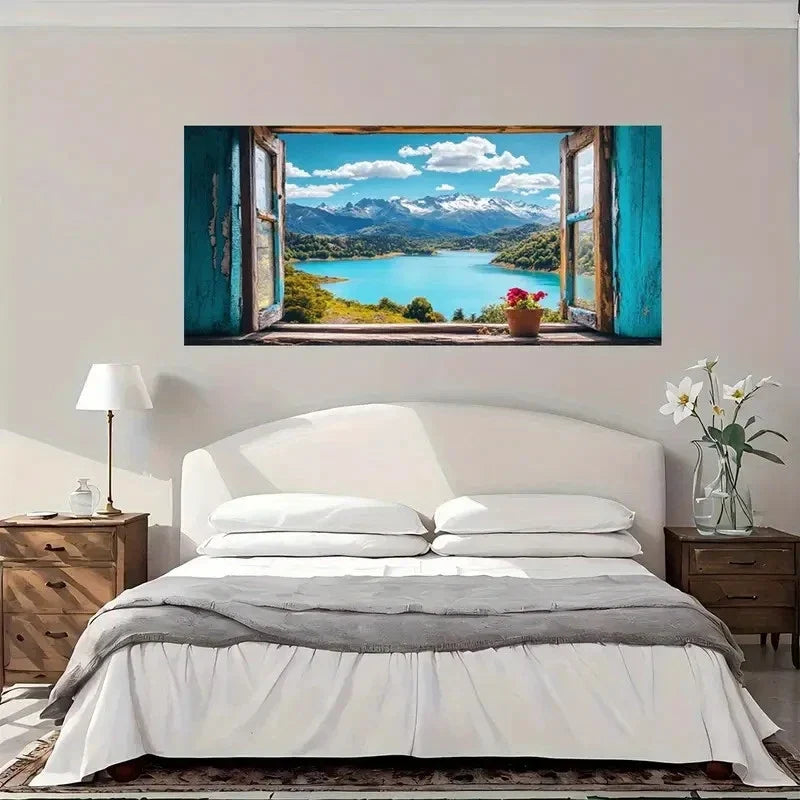 Serene Lake View Vibrant Wall Art Canvas Office Home Room Framed 80x45cm