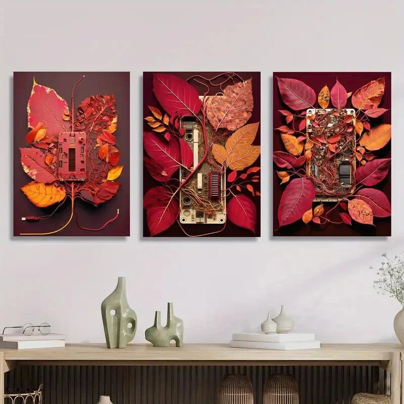 3pcs  Red circuit board with leaves, Metal Print Ready to Hang Art