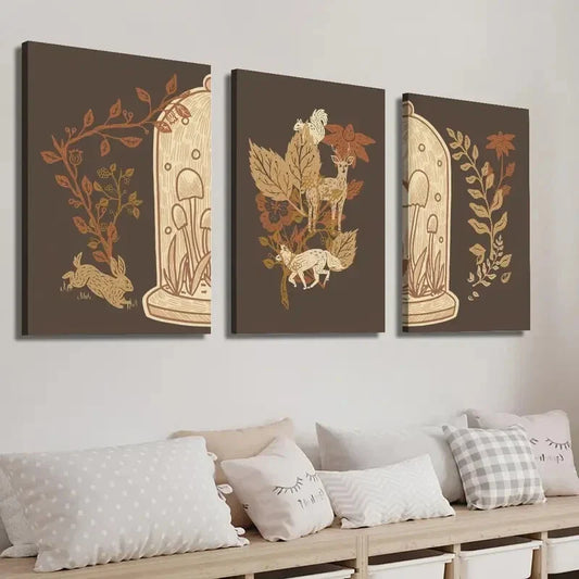 3pcs Earthy Brown Plant Leaves Illustration Wall Art Set Canvas Framed 40x60cm - High Quality Print 100% Australian Made Wall Canvas Ready to Hang