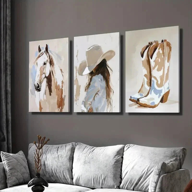 3pcs Horse, Cowgirl, and Boots Watercolor  Wall Art Set Canvas Framed 40x60cm - High Quality Print 100% Australian Made Wall Canvas Ready to Hang
