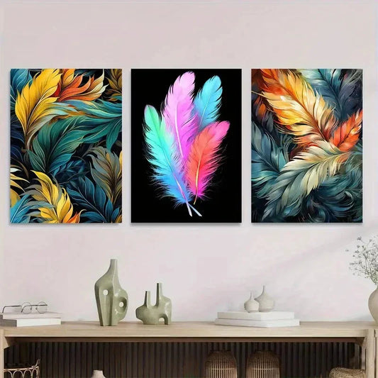 3pcs Vibrant Feather Triptych Modern Abstract Metal Print Ready to Hang Art