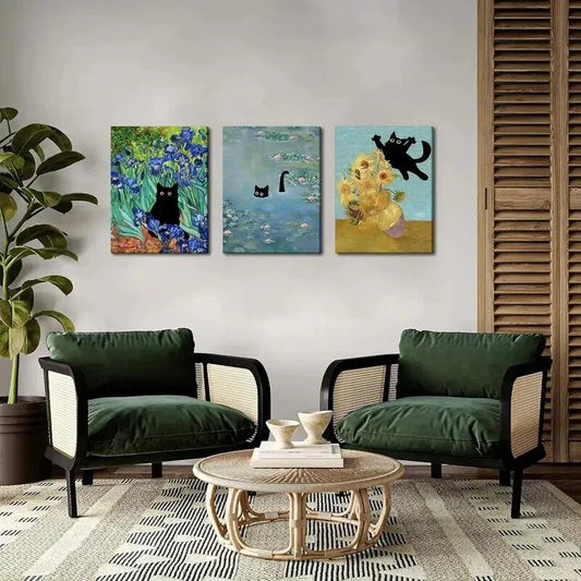 3pcs  Funny Cat in Water Lilies Sunflower Cat  Metal Print Ready to Hang Art