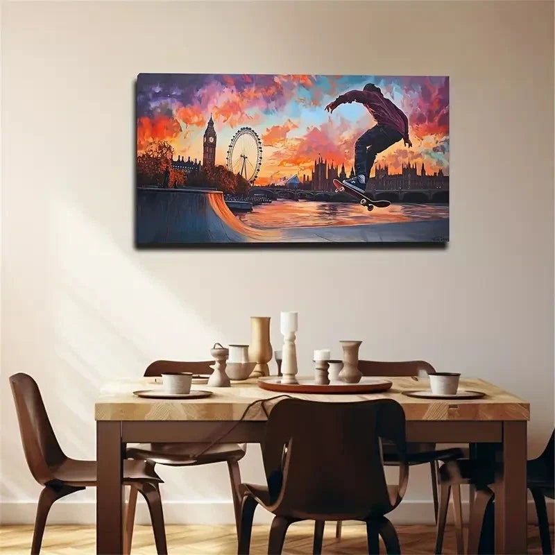 Skateboarding Under Sunset Wall Art Canvas Office Home Room Framed 120x60cm