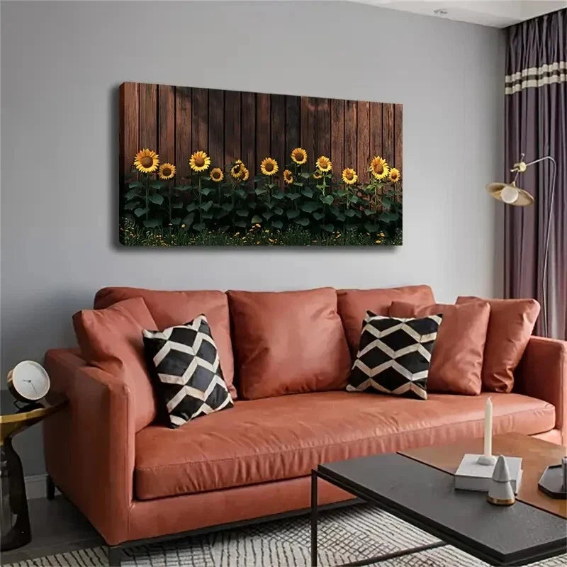 Vibrant Sunflowers on Dark Wood Wall Art Canvas Office Home Room Framed 80x45cm