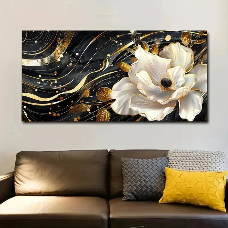 Abstract Gold White Flower wall canvas office home room framed 120x60cm