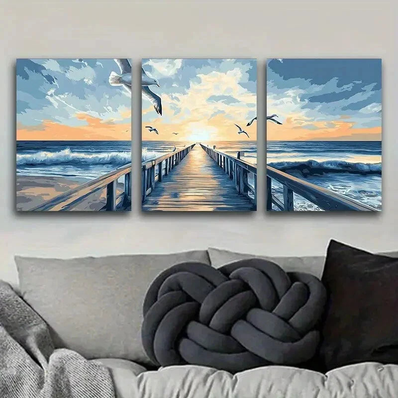 3pcs Seagulls Harbor Sunset Canvas Wall Art Metal Print Ready to Hang Art