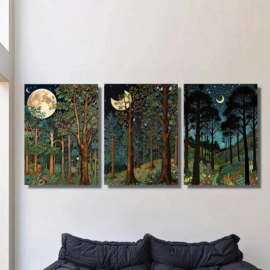 3pcs Moonlit Forest Landscape, Art, Metal Print Ready to Hang Art