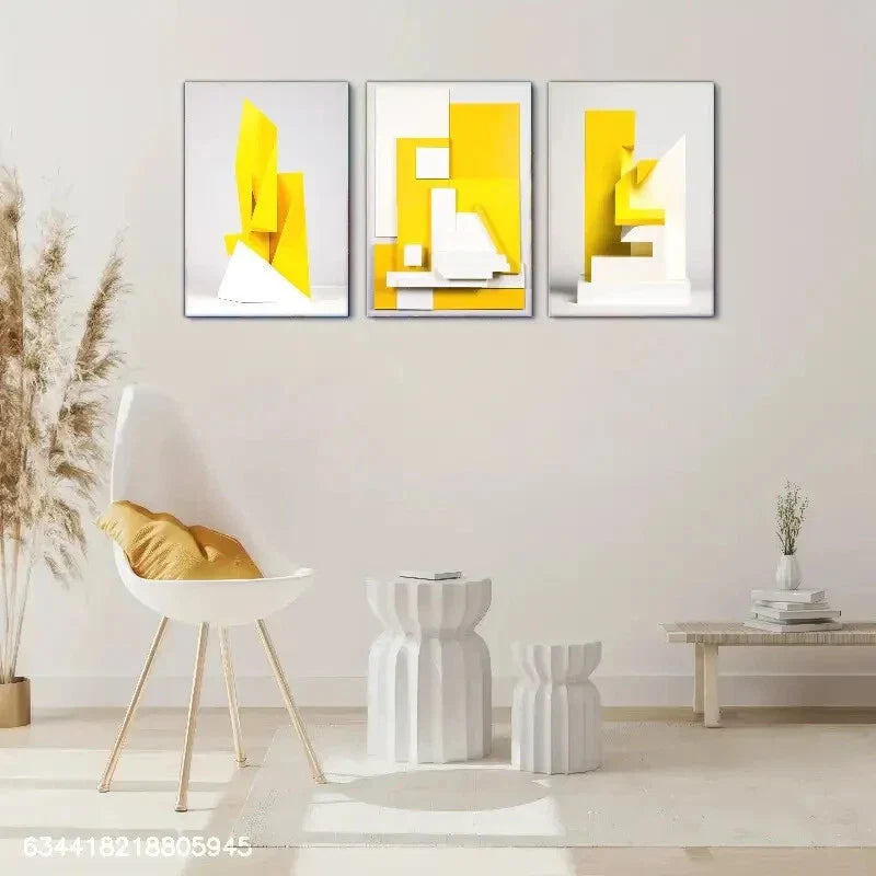 3pcs Yellow White abstract, Yellow and white Metal Print Ready to Hang Art