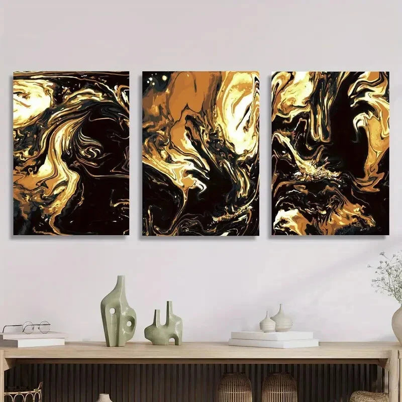 3pcs Luxurious Black & Golden Marble Metal Print Ready to Hang Art