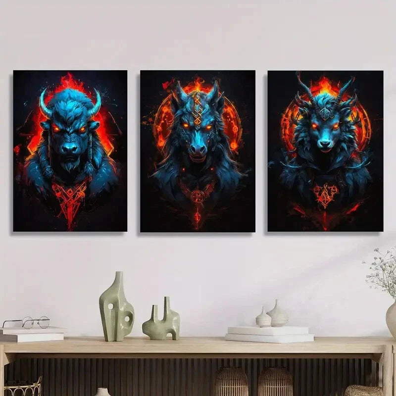3pcs Ferocious animal art with red flames, Colorful Metal Print Ready to Hang Art