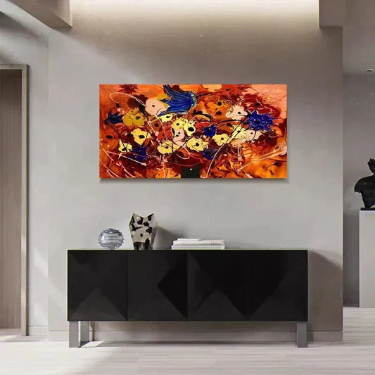 Vibrant Floral Abstract Leaves Wall Art Canvas Office Home Room Framed 80x45cm